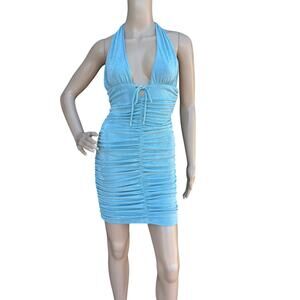 Rumor Shimmery Blue Ruched Halter Bodycon Dress 10